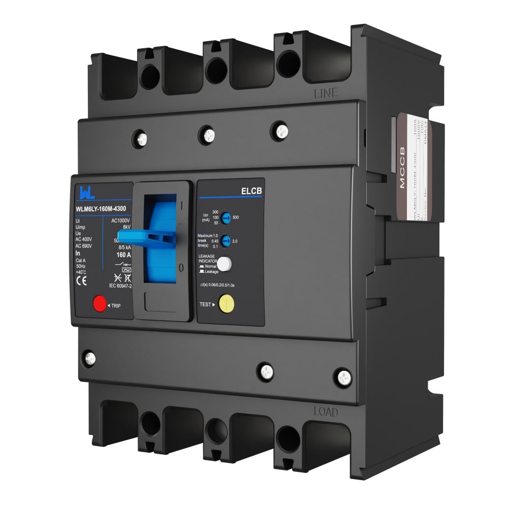 WLM6LY-160A-4300 4P WLM6L Series RCCB earth leakage protection type MCCB 400V 160A 3 poles 4 Poles  mccb breaker