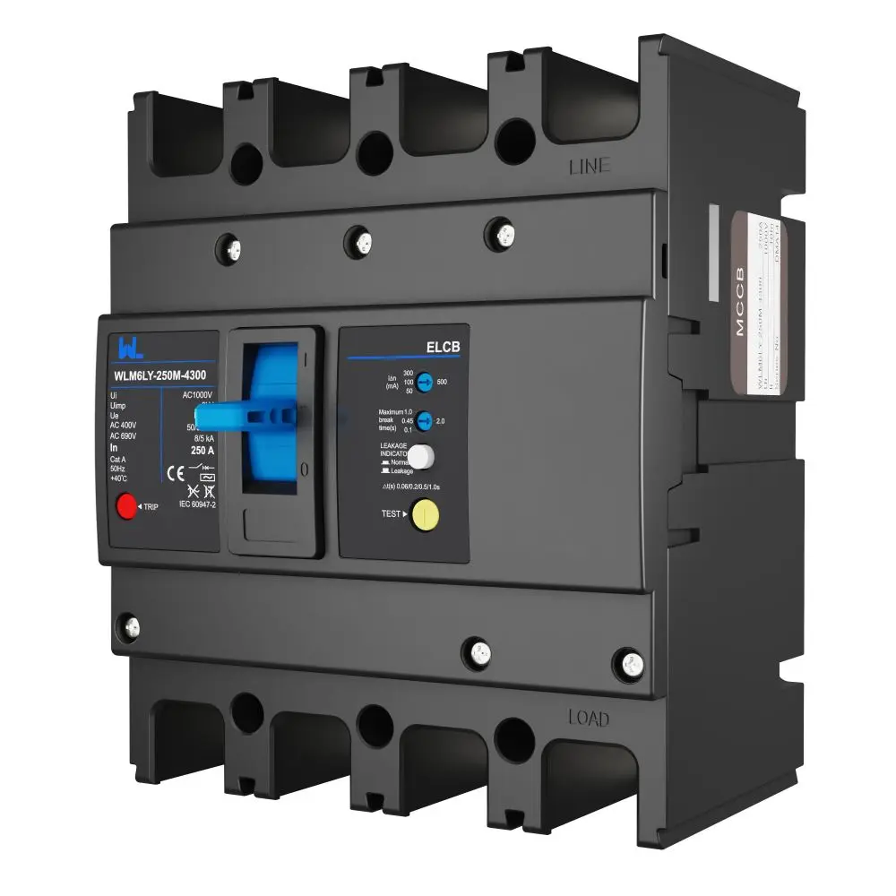 WLM6LY-250A-4300 4P   WLM6L Series earth leakage protection type Residual Current Circuit breaker 400V 250A 3 poles 4 Poles  mccb breaker