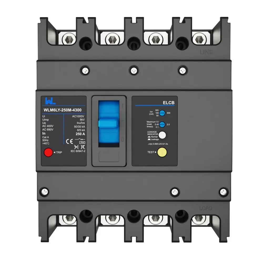 WLM6LY-250A-4300 4P   WLM6L Series earth leakage protection type Residual Current Circuit breaker 400V 250A 3 poles 4 Poles  mccb breaker