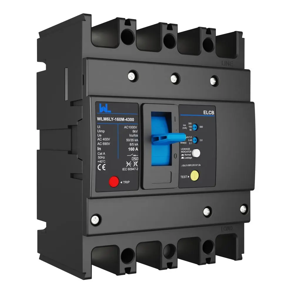 WLM6LY-160A-4300 4P WLM6L Series RCCB earth leakage protection type MCCB 400V 160A 3 poles 4 Poles  mccb breaker